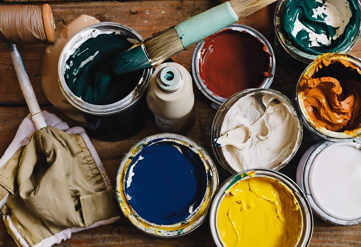 Various paint cans and a brush on a wooden surface, illustrating materials related to removing acrylic paint from clothes.