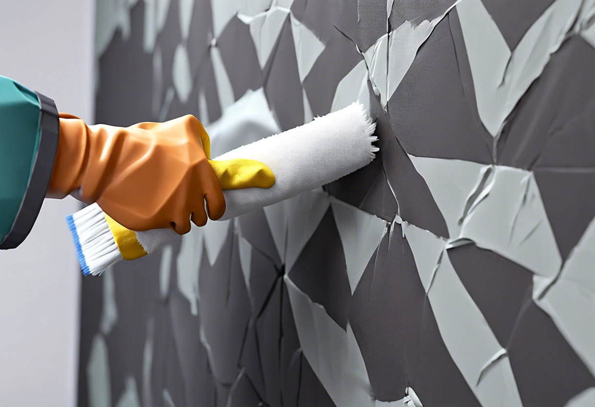 Hand with glove removing adhesive from painted wall, demonstrating effective techniques for adhesive removal.