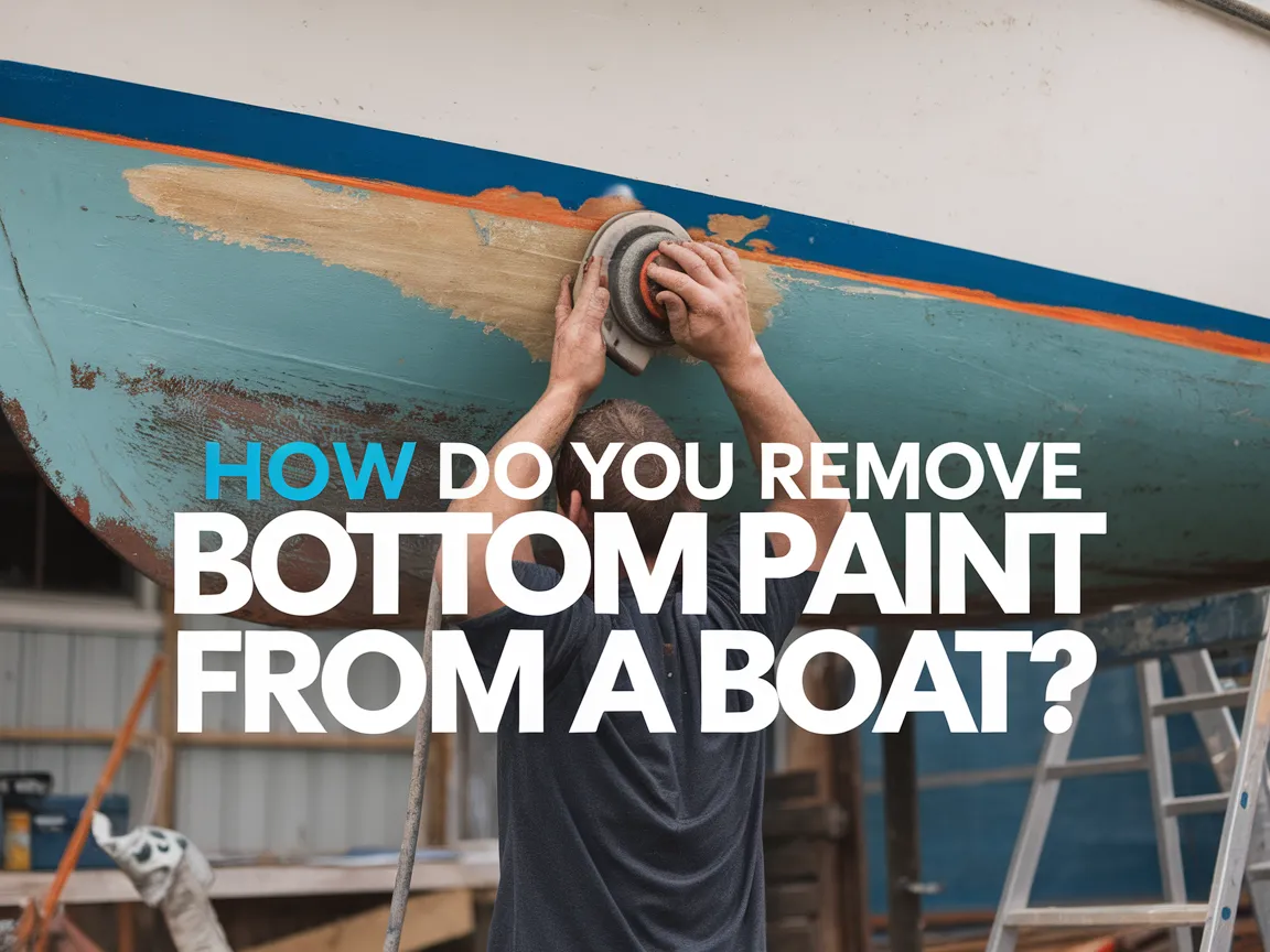 Person sanding the bottom of a boat to remove bottom paint.