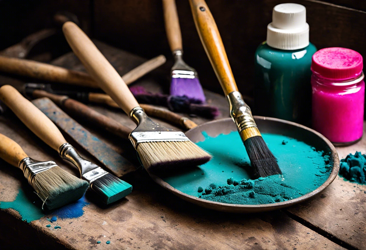 Paintbrushes and chalk paint in teal color, tools for removing chalk paint.