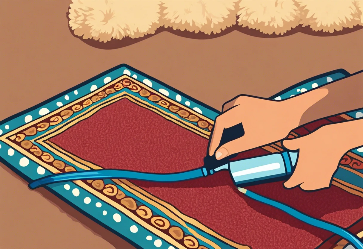 Hands using a cleaning tool to remove dried acrylic paint from a carpet