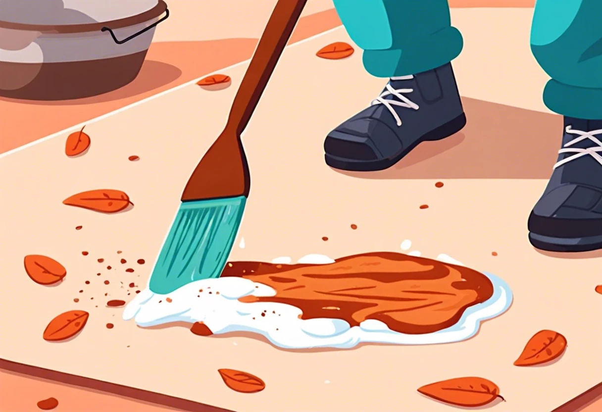 Person cleaning dried acrylic paint off a carpet using a paintbrush, related to removing dried acrylic paint from carpet.