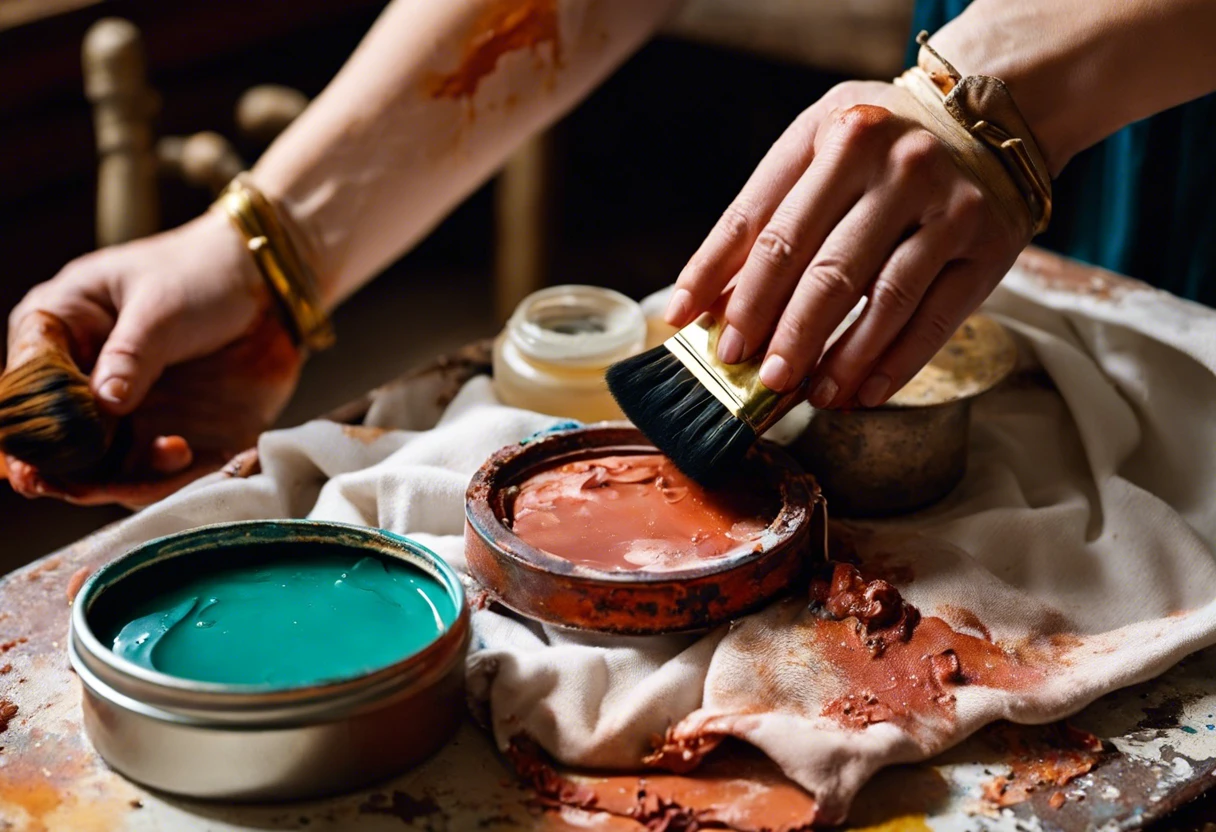 Person using a brush to apply paint over a stained cloth, demonstrating techniques to get dried paint out of clothes.