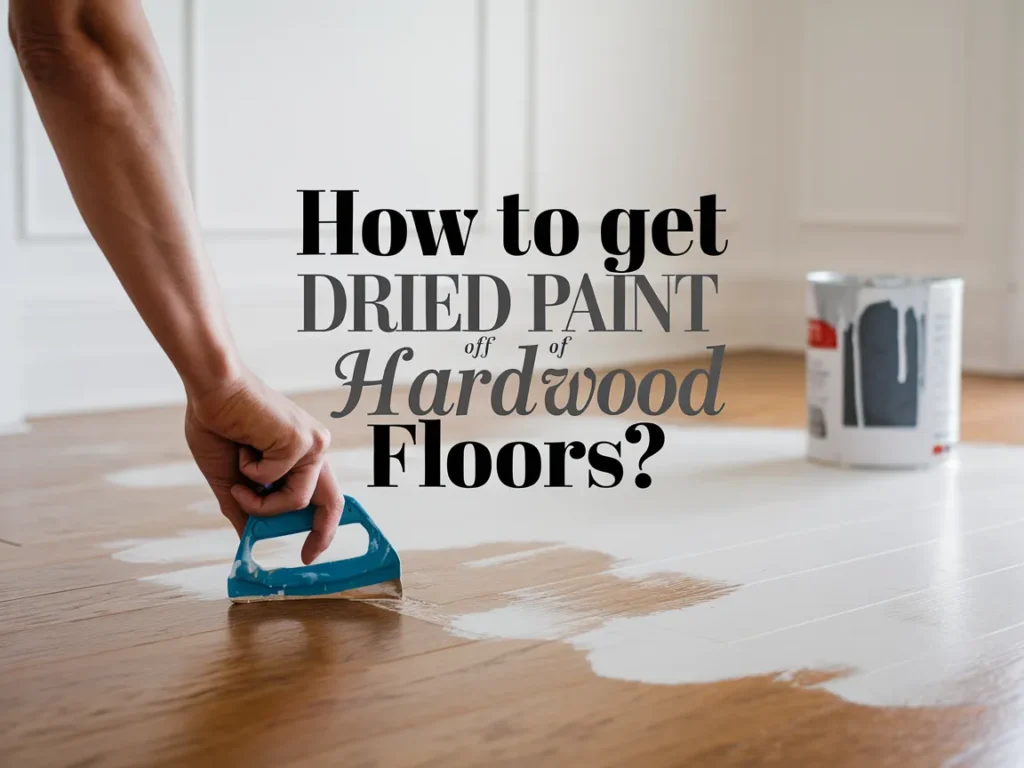 A person using a paint scraper to remove dried paint from hardwood floors