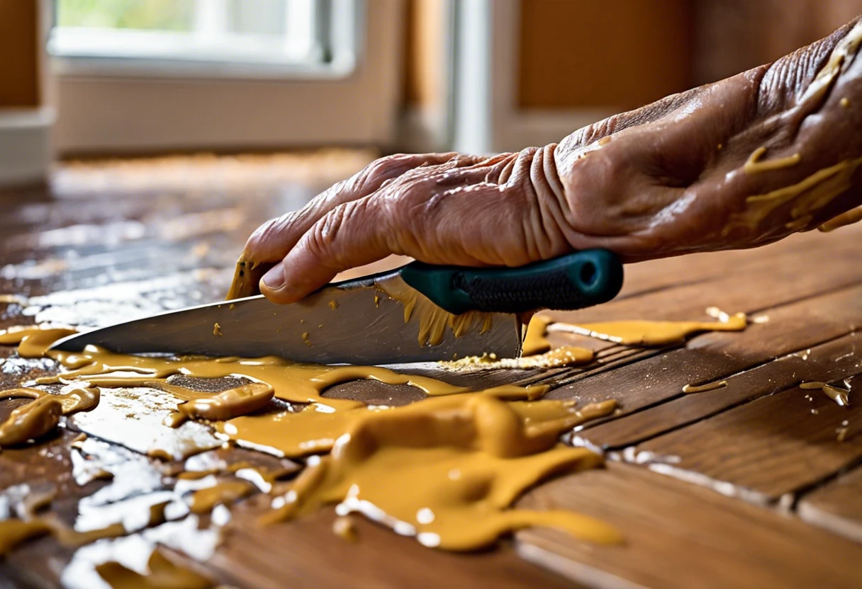 A close-up of a hand using a putty knife to scrape dried paint off hardwood floors