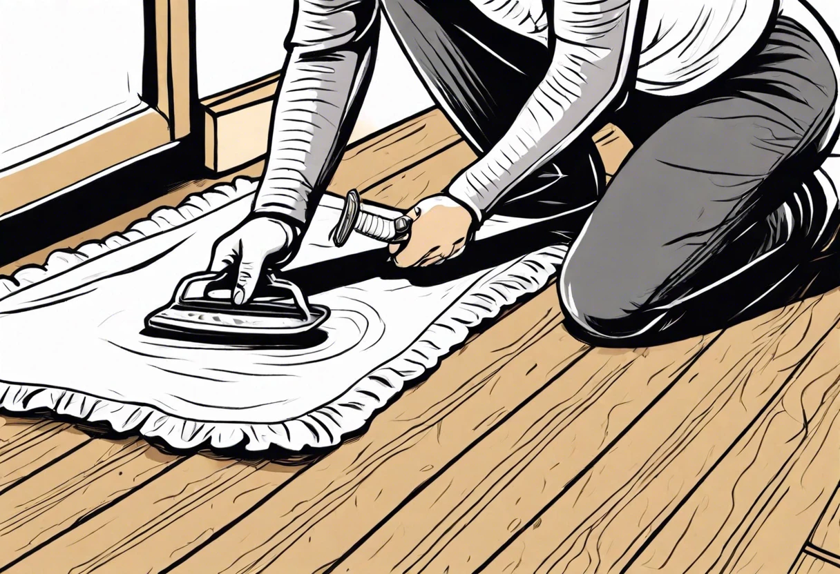 Person using a steam iron on a cloth to remove dried paint from wood floors