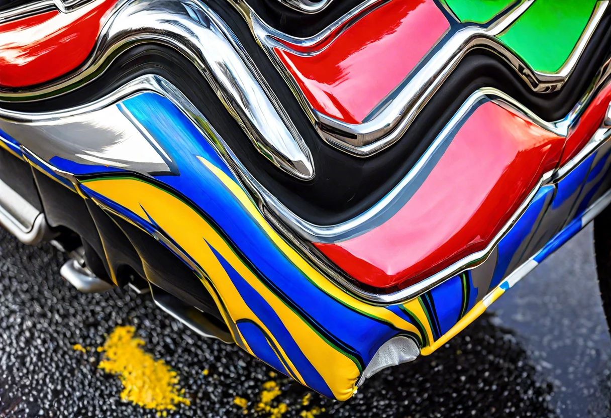 Close-up of car paint with duct tape residue showing colorful patterns