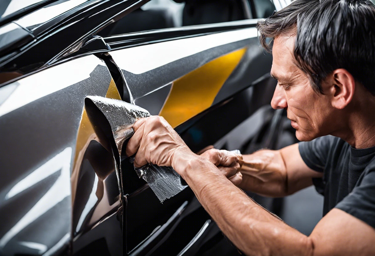 A person removing duct tape residue from car paint, showcasing effective cleaning techniques.