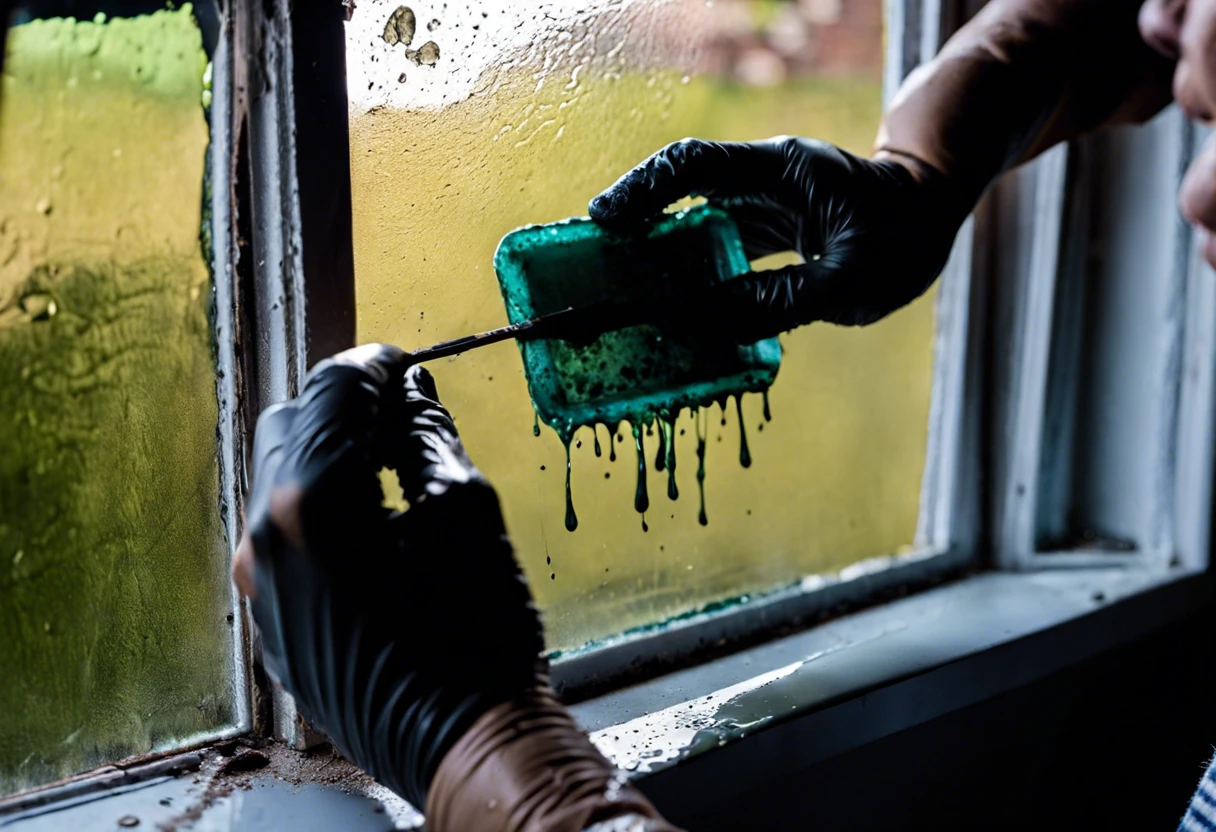 Cleaning glass paint from windows with gloves and a scraper.