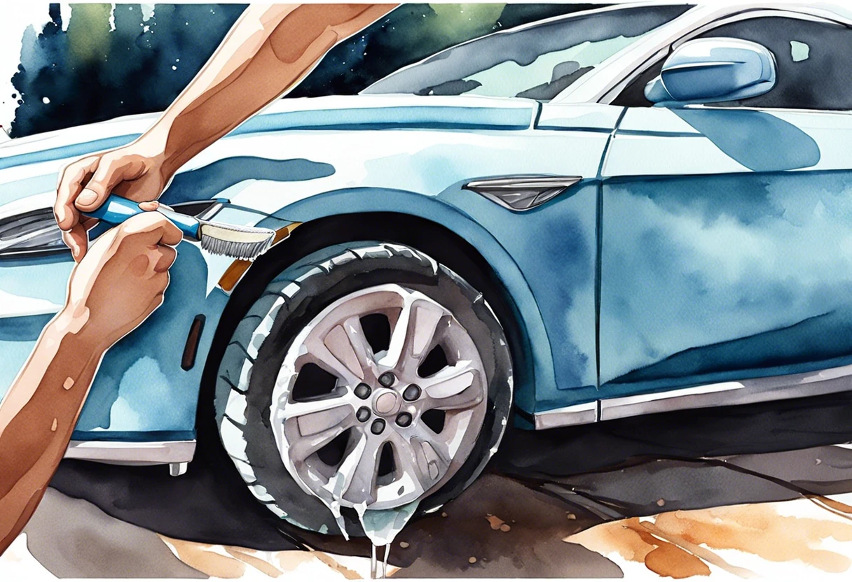 Person applying a detergent solution to remove glue from car paint