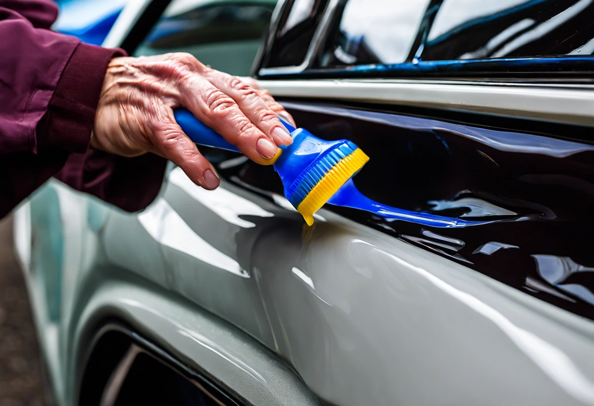 Person using a plastic scraper to remove glue from car paint.