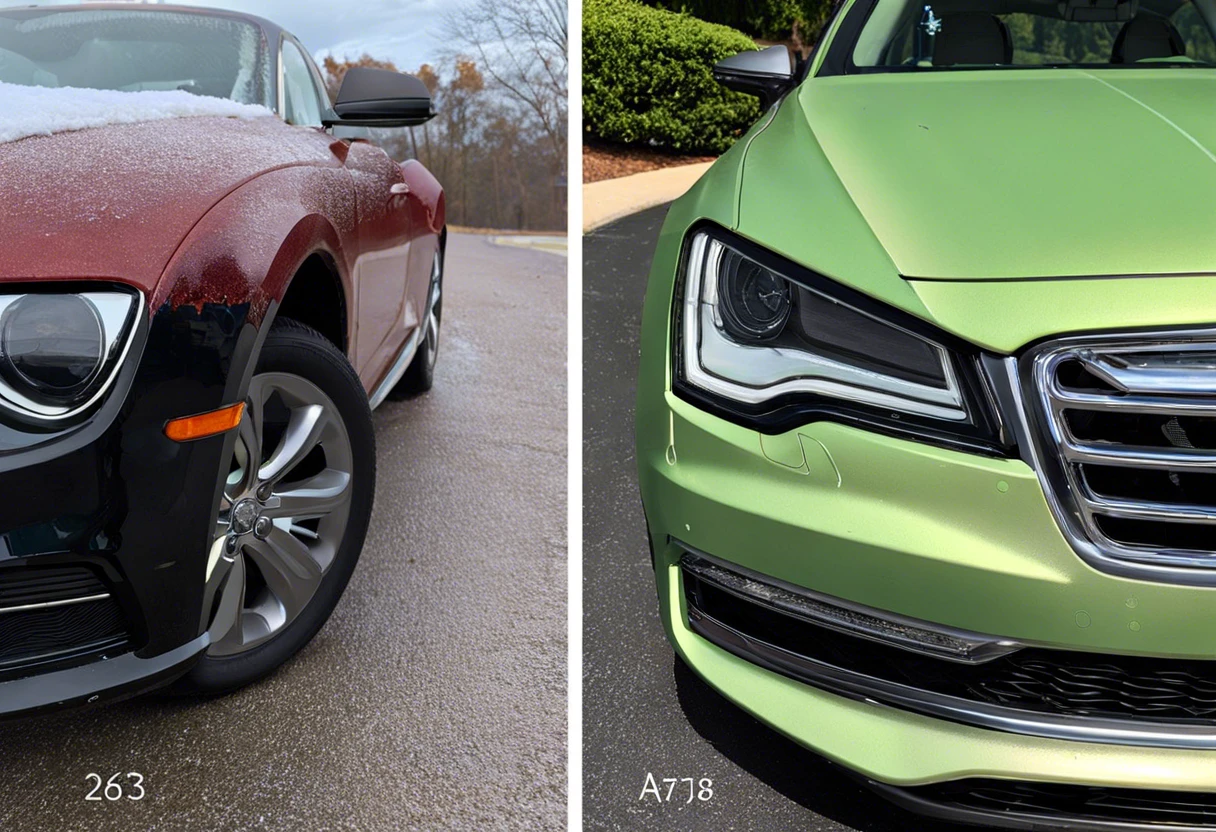 Comparison of car paint before and after removing hard water stains, highlighting the effects on vehicle appearance.