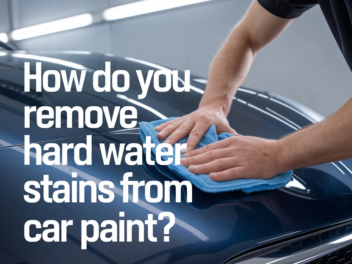 Person removing hard water stains from car paint using a microfiber cloth