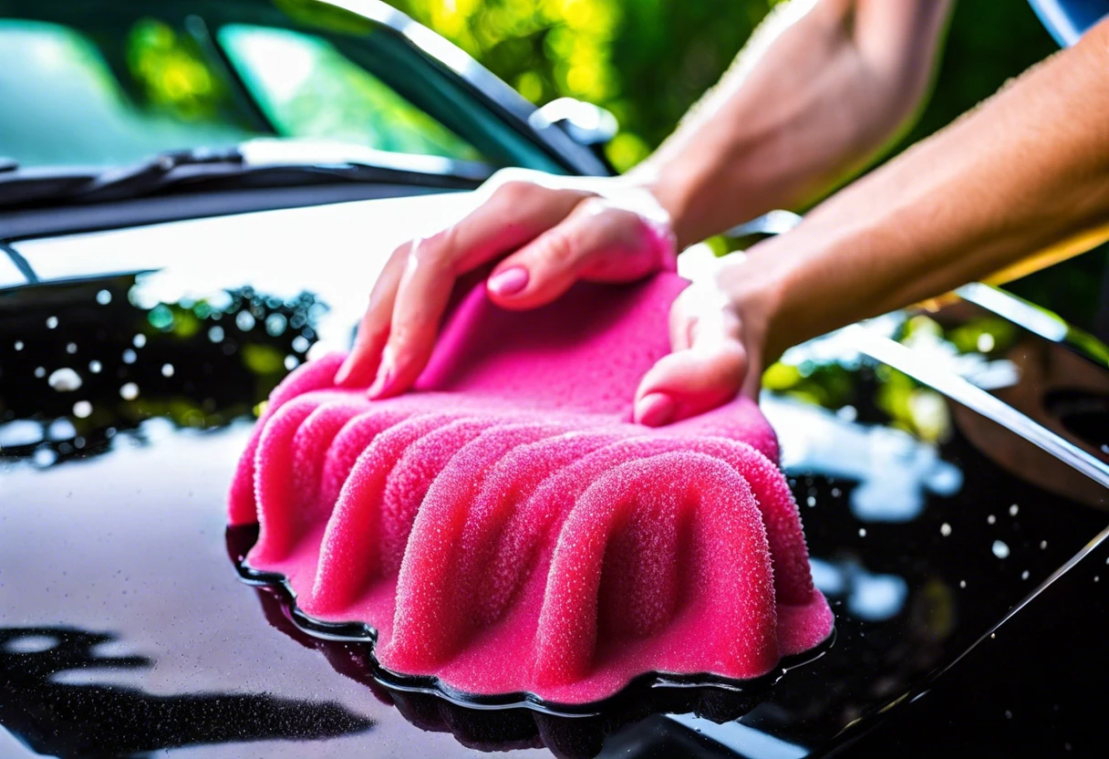 Person using a sponge to remove hard water stains from car paint