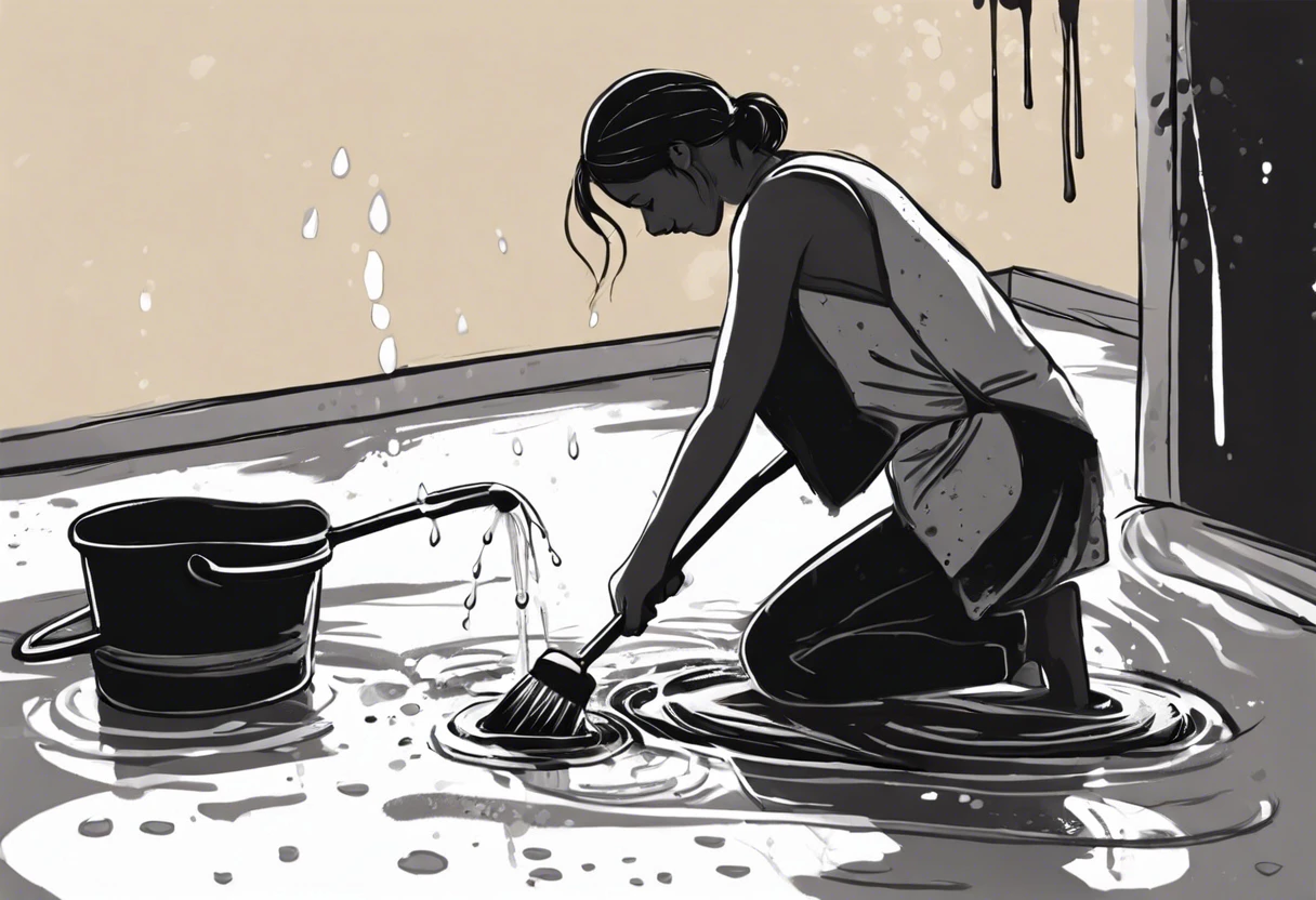 Illustration of a person cleaning oil paint from clothes using water and a brush