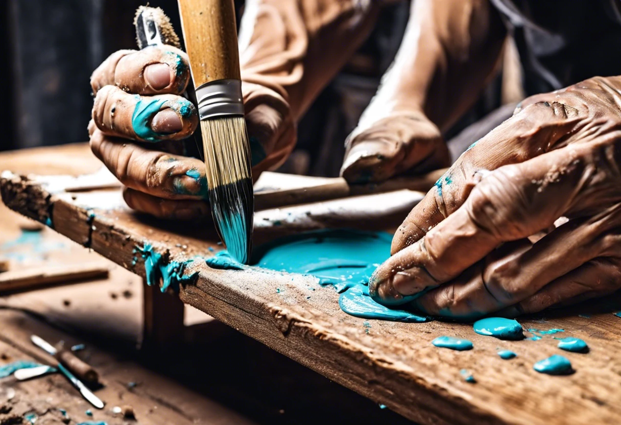 Hands using a brush to remove old paint from wood surface