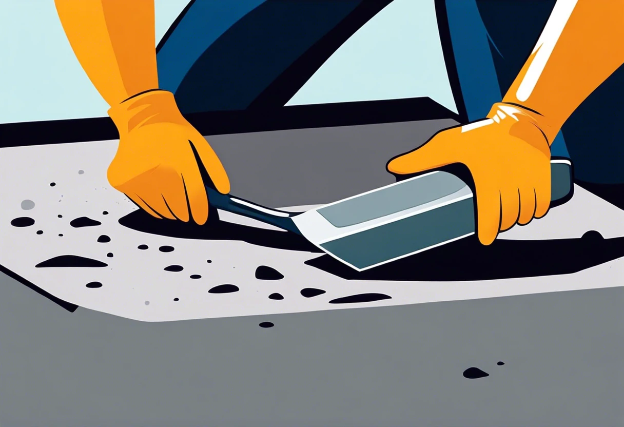 Person removing paint from cement using a trowel in safety gloves