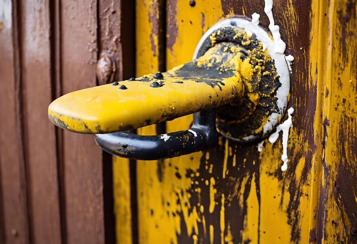 A close-up of a door handle covered in yellow and black paint, illustrating the challenge of removing paint from door handles.
