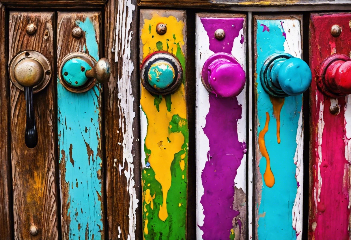 Colorful door handles with paint drips, illustrating the challenge of removing paint from hardware.