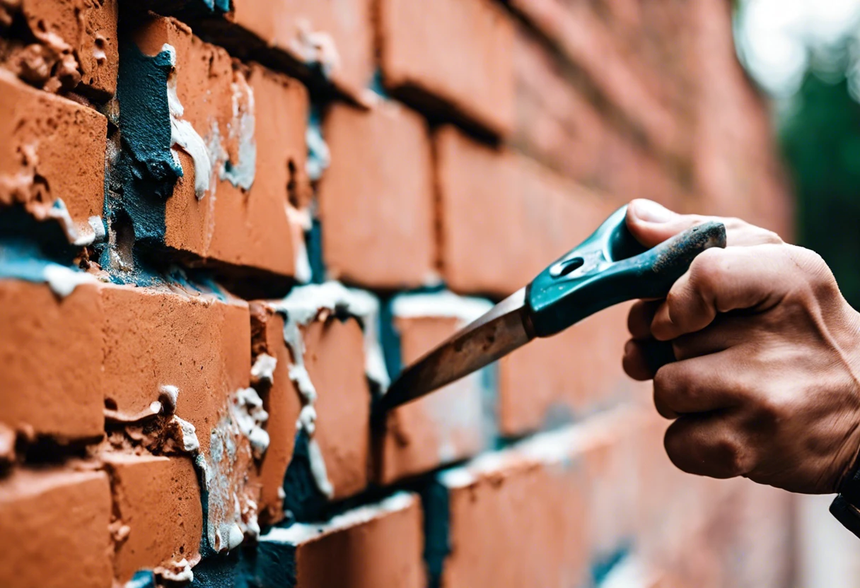 Hand using a scraper tool to remove paint from a brick wall, illustrating techniques for paint removal.
