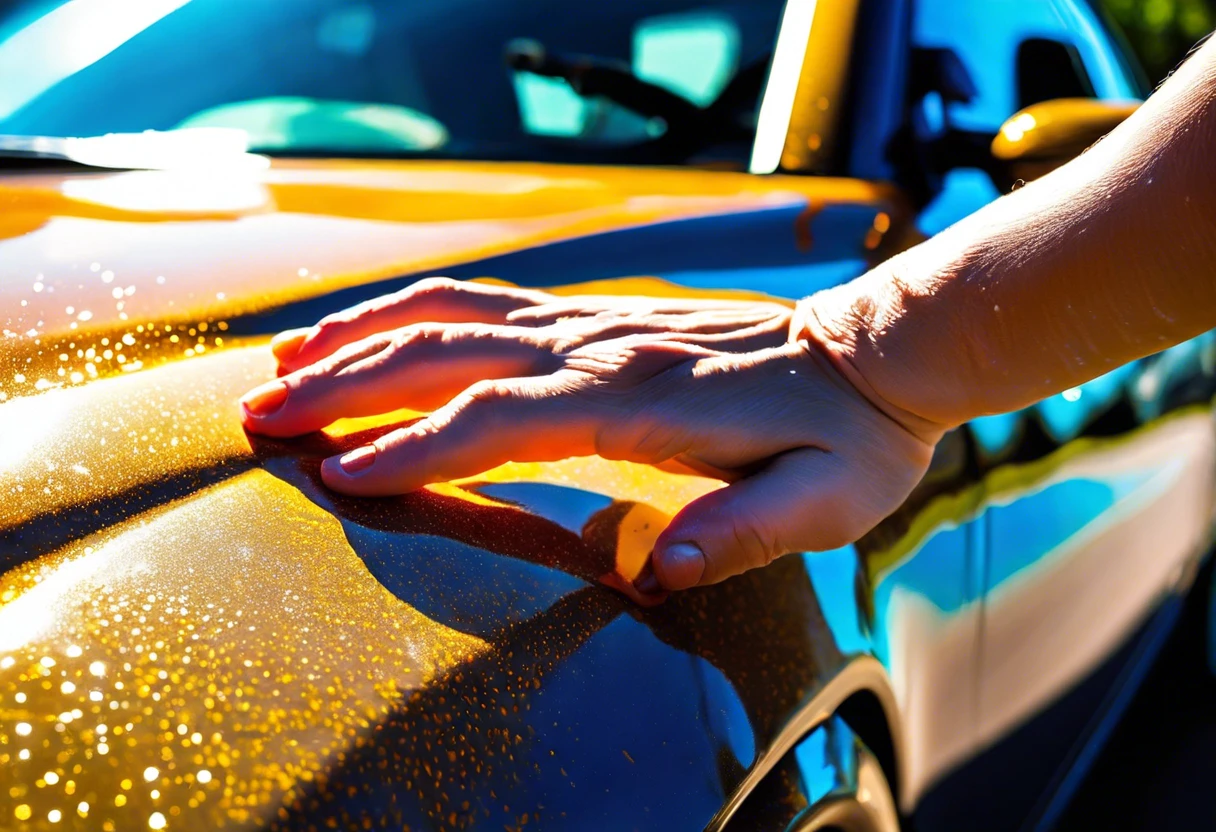 A hand gently touching a car's surface covered in paint, illustrating methods to remove paint from a car.