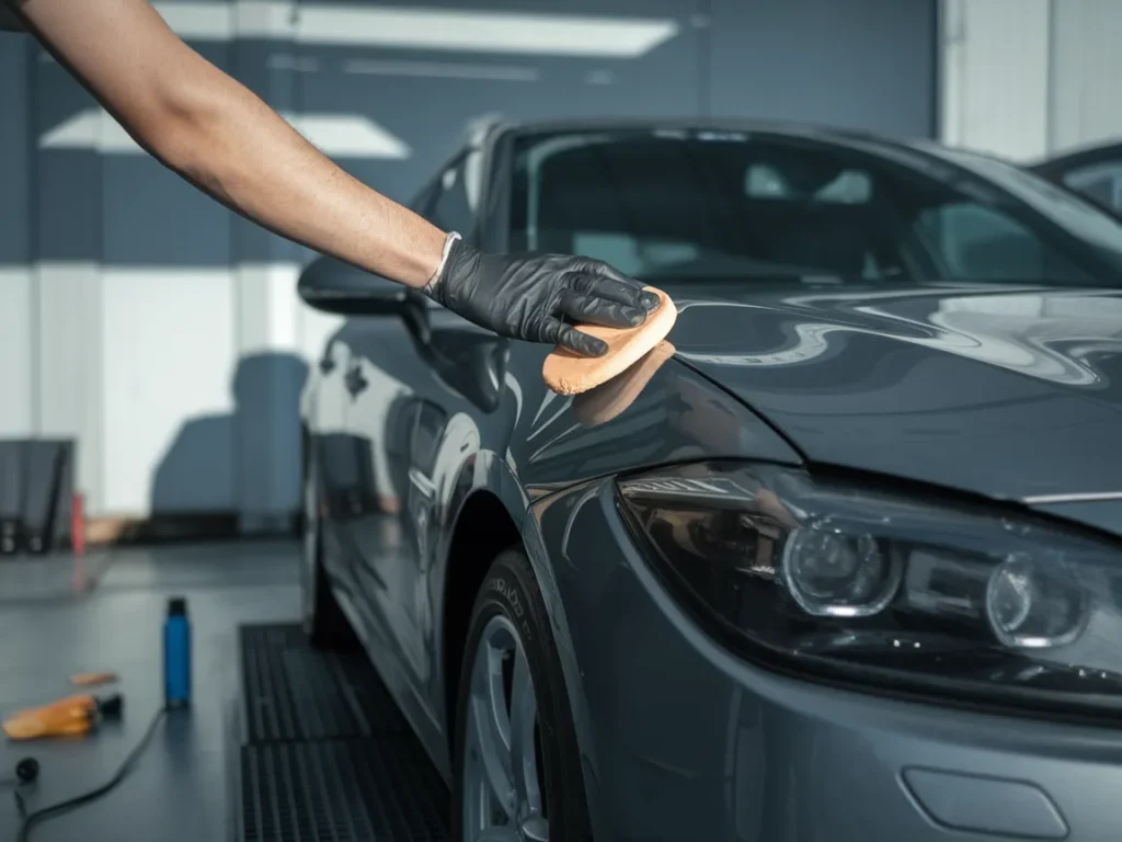 Person using a sponge to remove paint from a car's surface