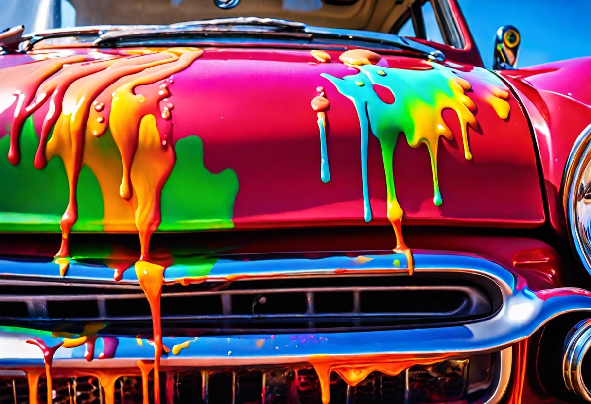 Colorful paint drips on a car's hood illustrating the challenge of removing paint from your car