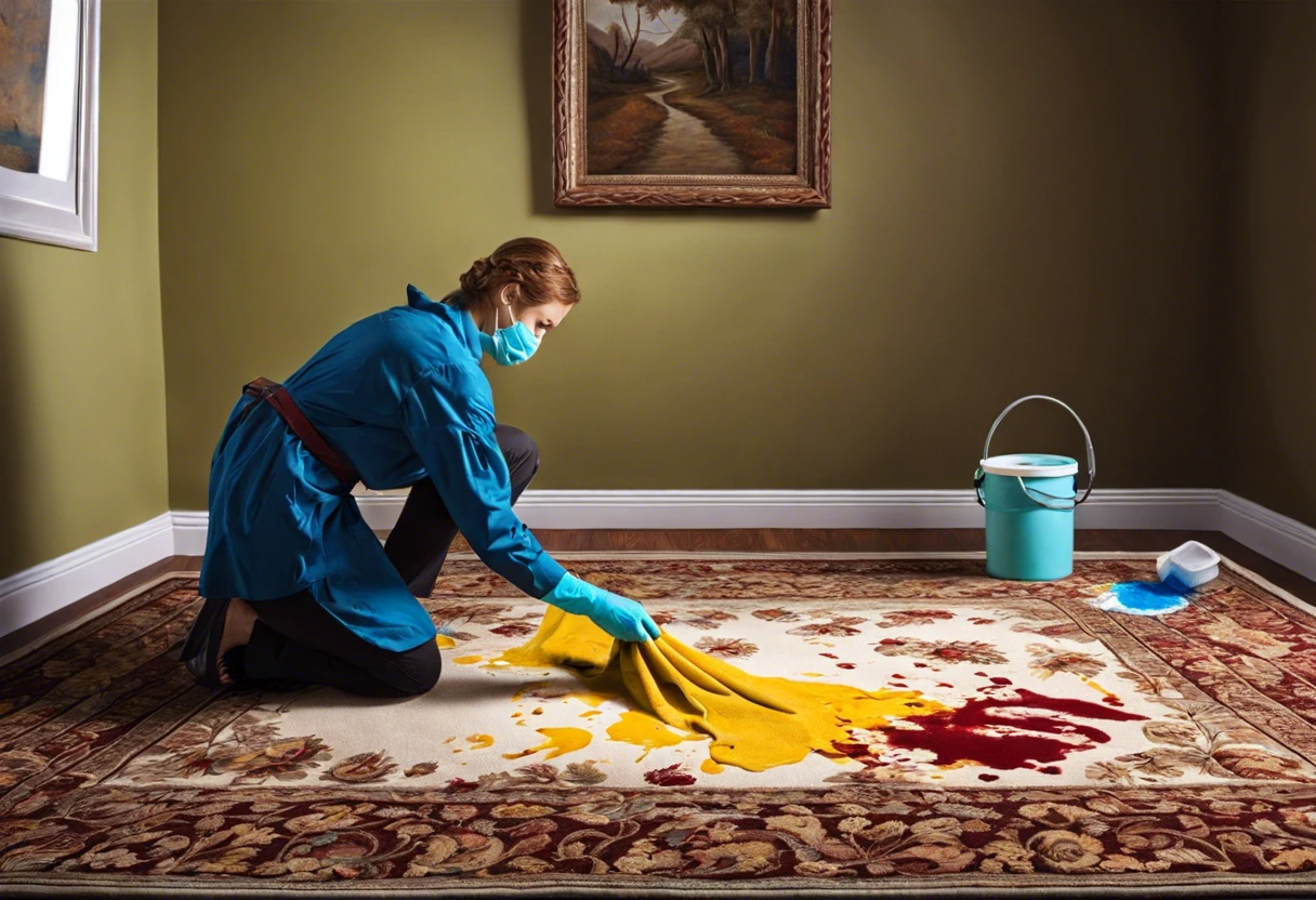 Woman cleaning yellow and red paint stains from a carpet with a cloth, illustrating how to get paint out of carpet.