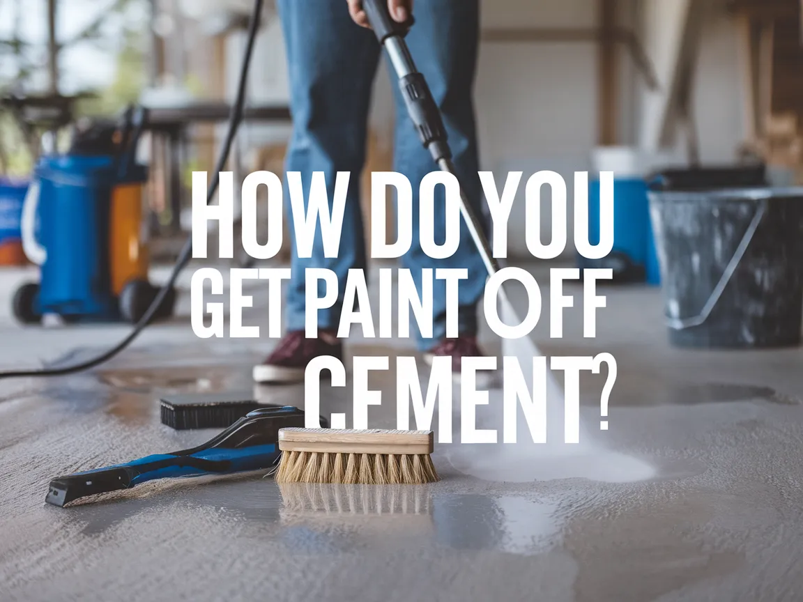 Person using a brush and pressure washer to get paint off cement floor