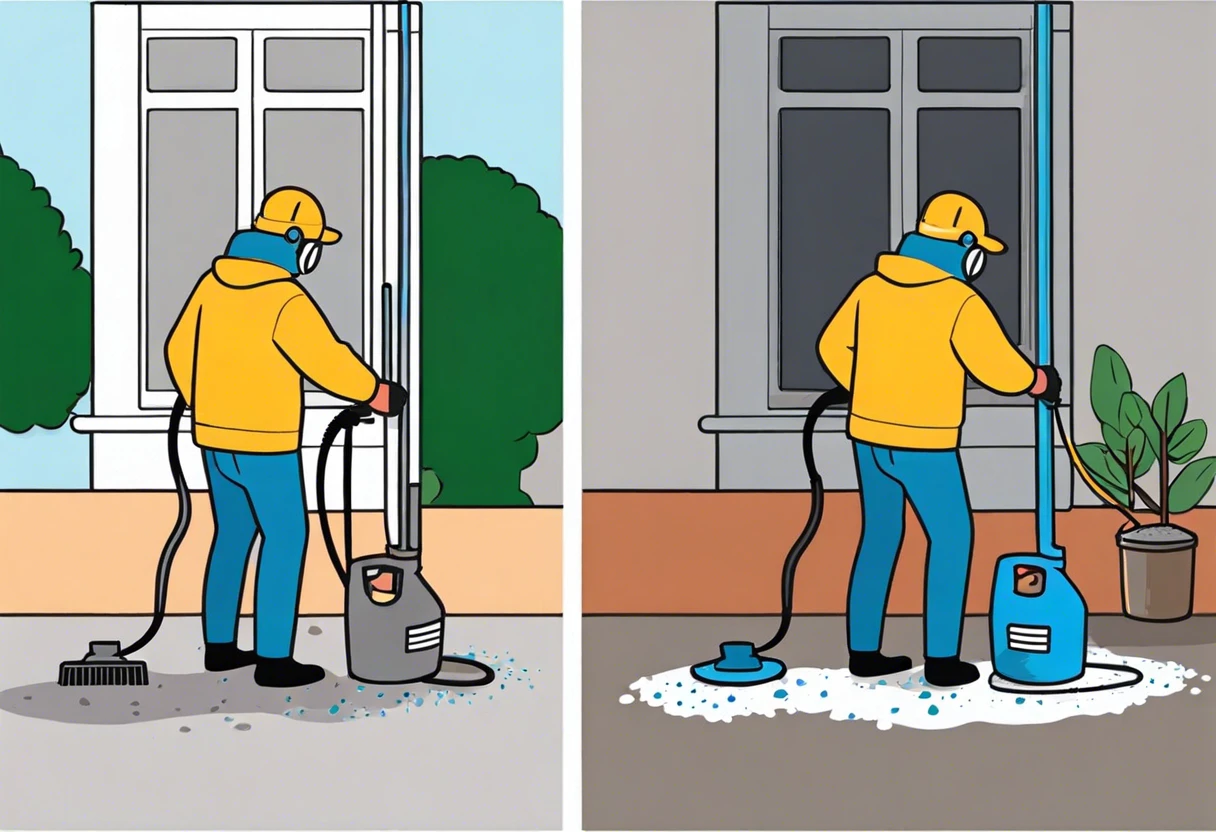 Person using a pressure washer to get paint off cement surface