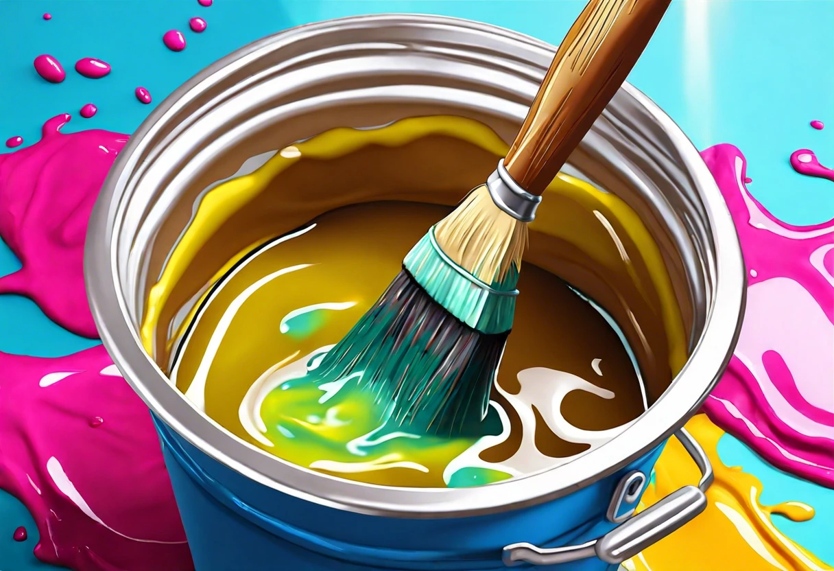 A paint bucket with a brush showing yellow and pink paint, relevant to getting paint out of clothes.