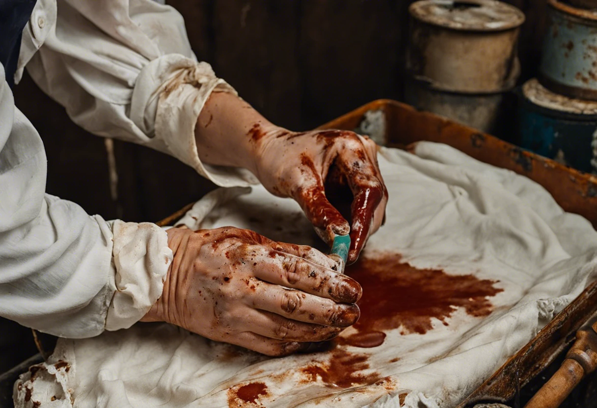 Person using a brush to remove paint stains from a dirty shirt.