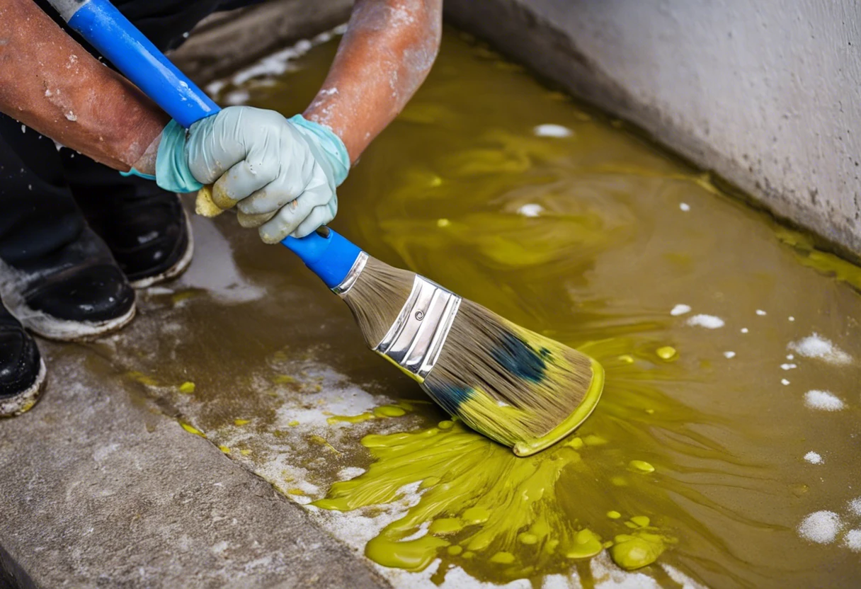 Person removing paint from concrete surface with a brush