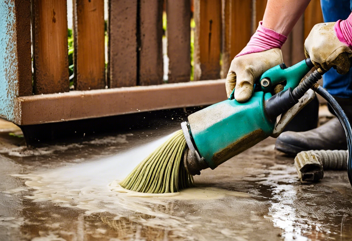 A person using a power washer to remove paint from a concrete surface.