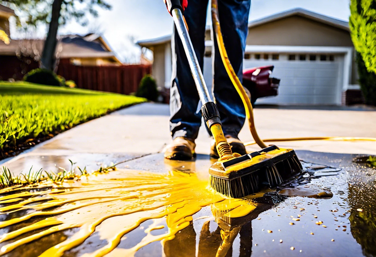 Person using a power washer to remove yellow paint from concrete driveway