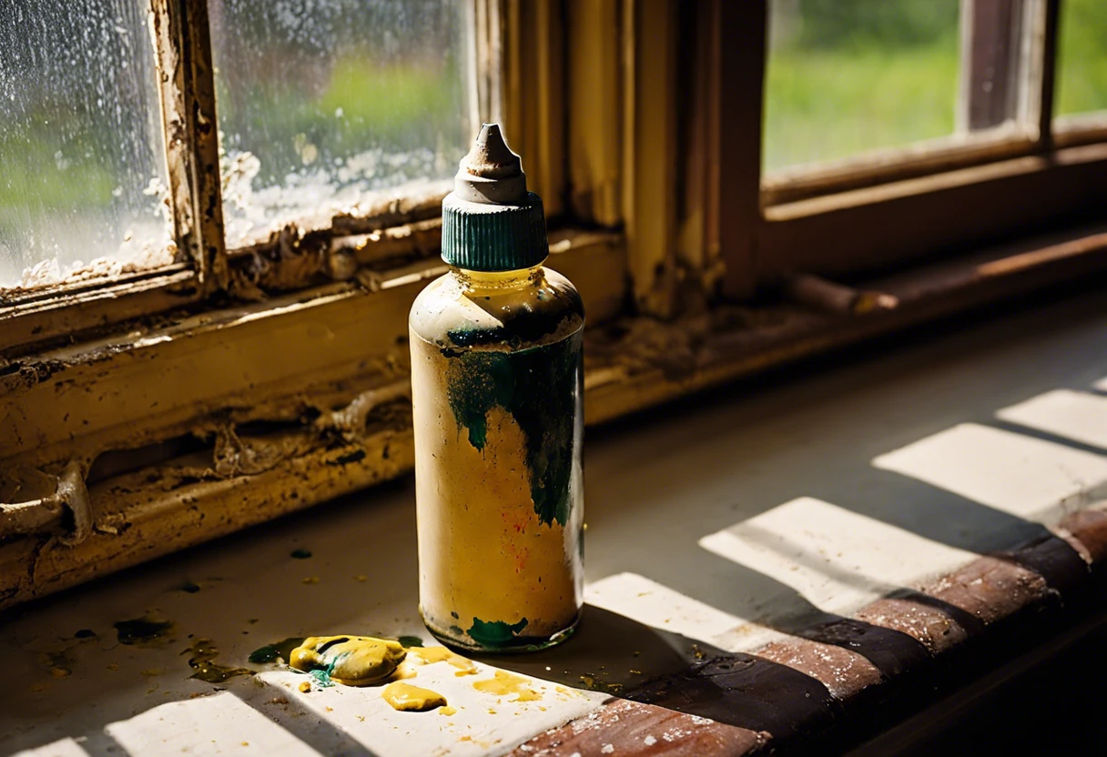 A bottle of paint sitting on a windowsill, illustrating the problem of paint on glass.
