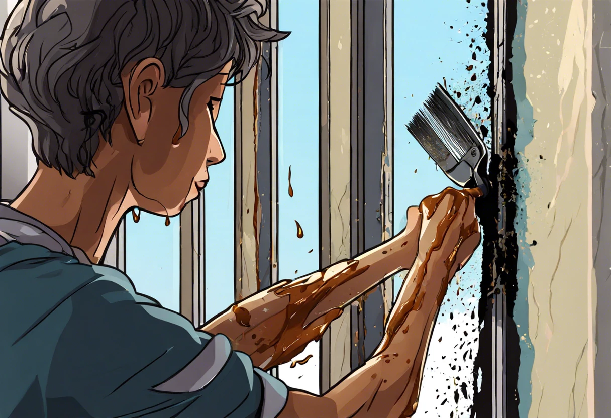 Person using a brush to remove paint from a glass window, demonstrating effective techniques for paint removal on glass surfaces.
