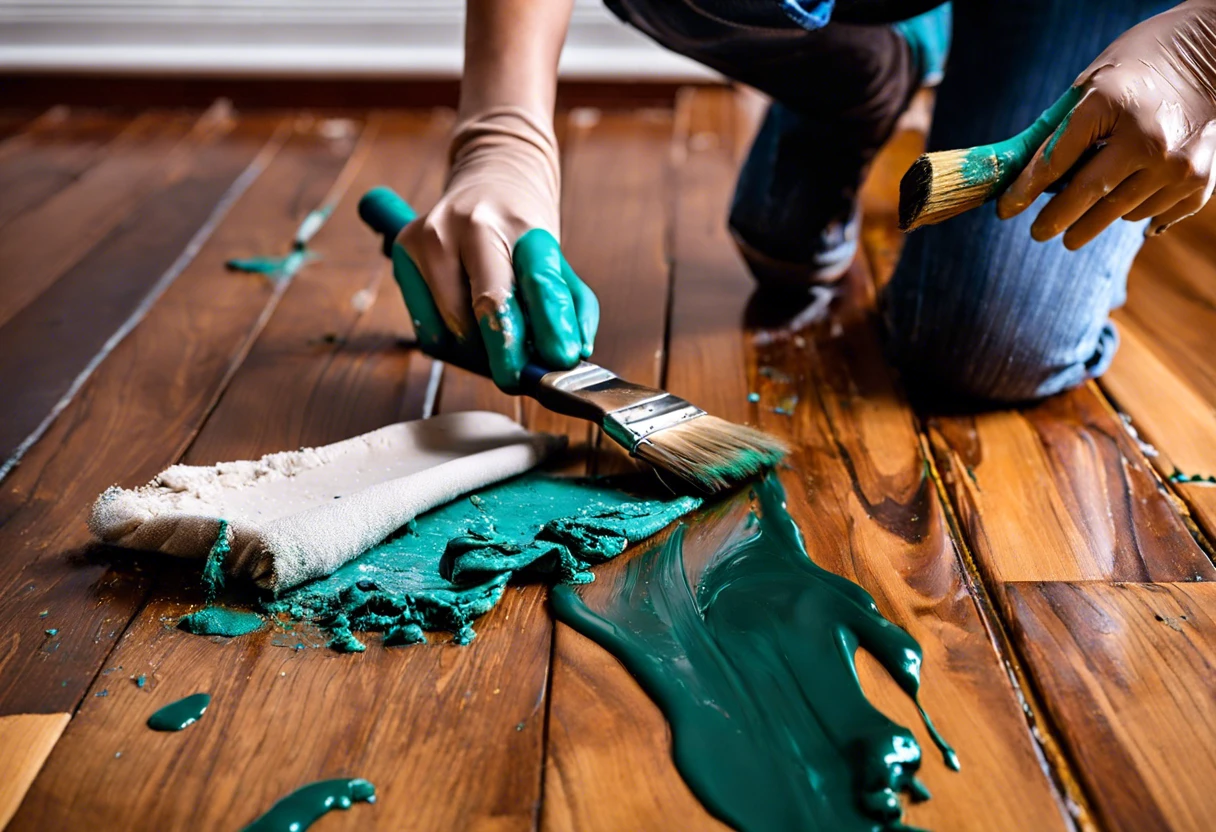 Person using tools to remove green paint from hardwood floor