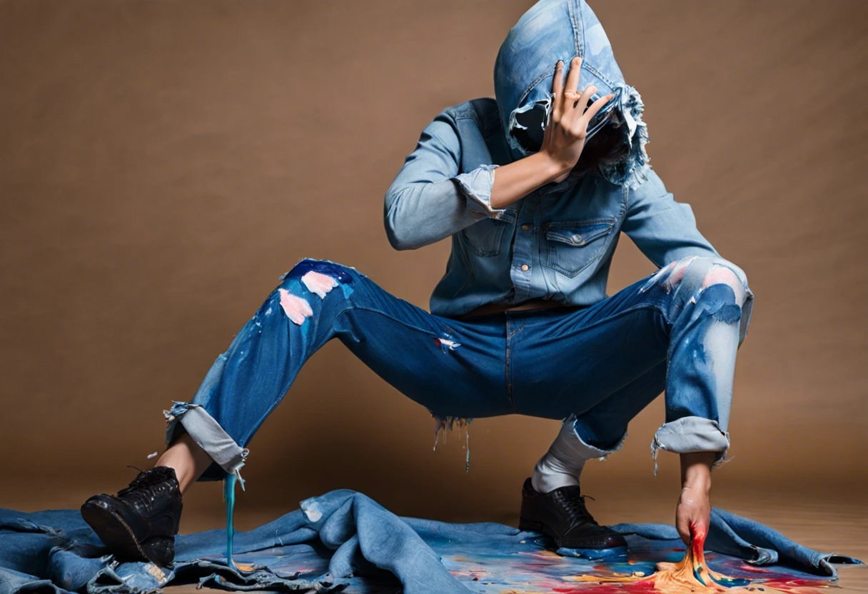 A person in painted jeans demonstrating how to remove paint stains from denim clothing.