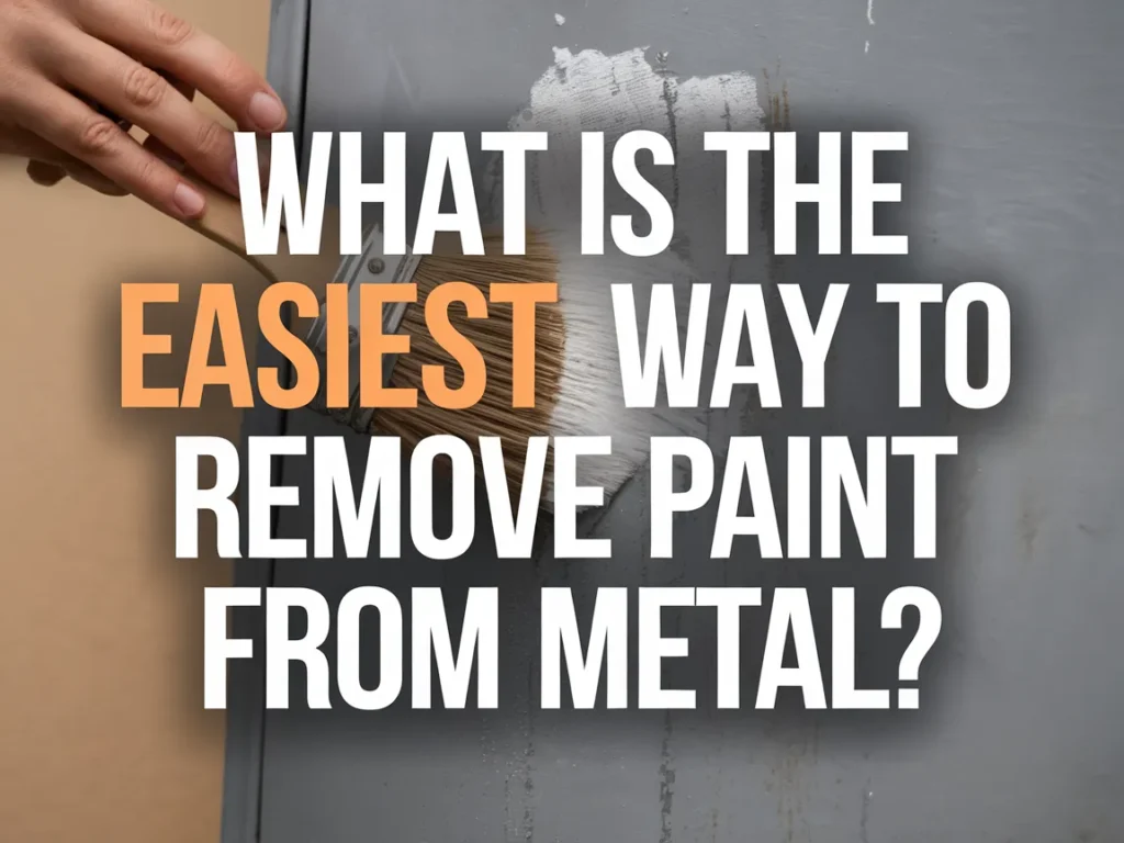 A hand using a paint brush to remove paint from a metal surface