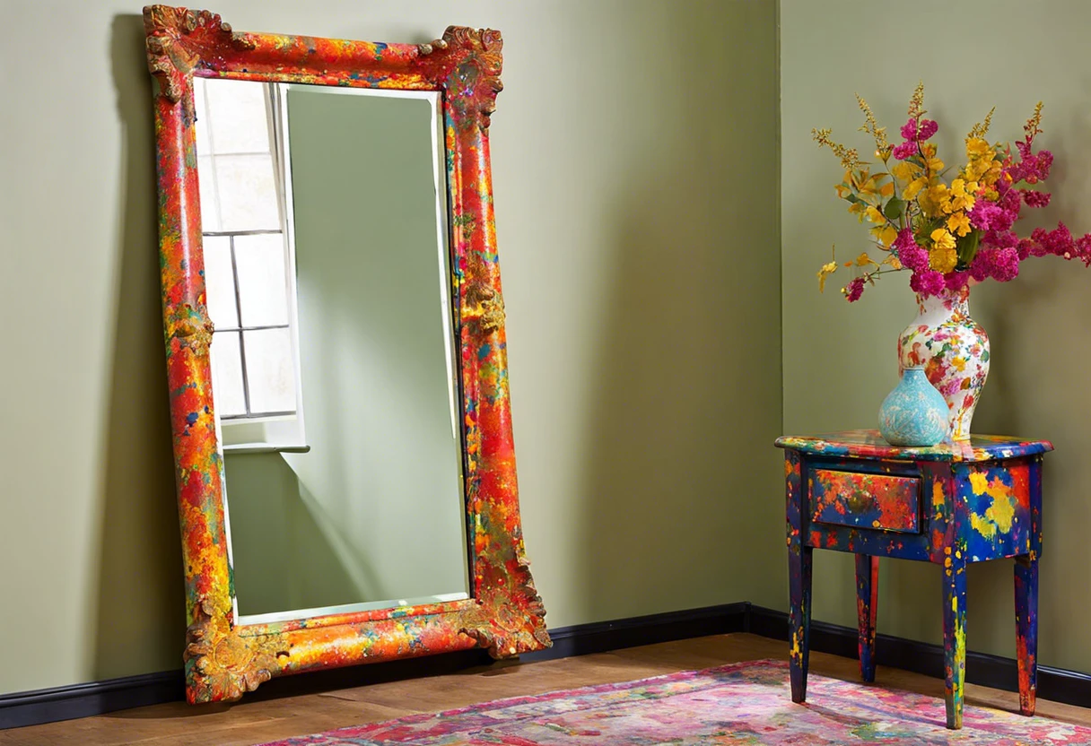 A colorful mirror with paint splatters in a room setting, illustrating the need to remove paint from mirrors.