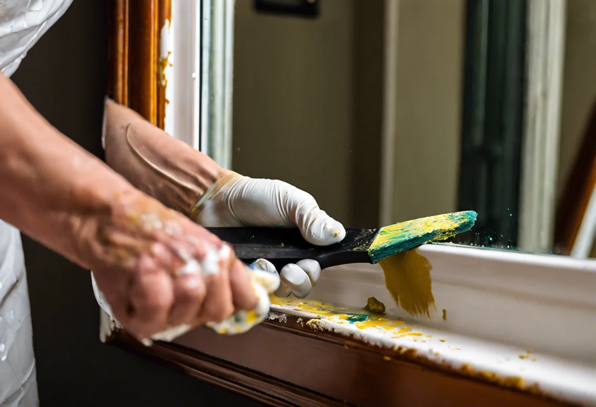 Person scraping paint off a mirror using a scraper tool while wearing gloves.