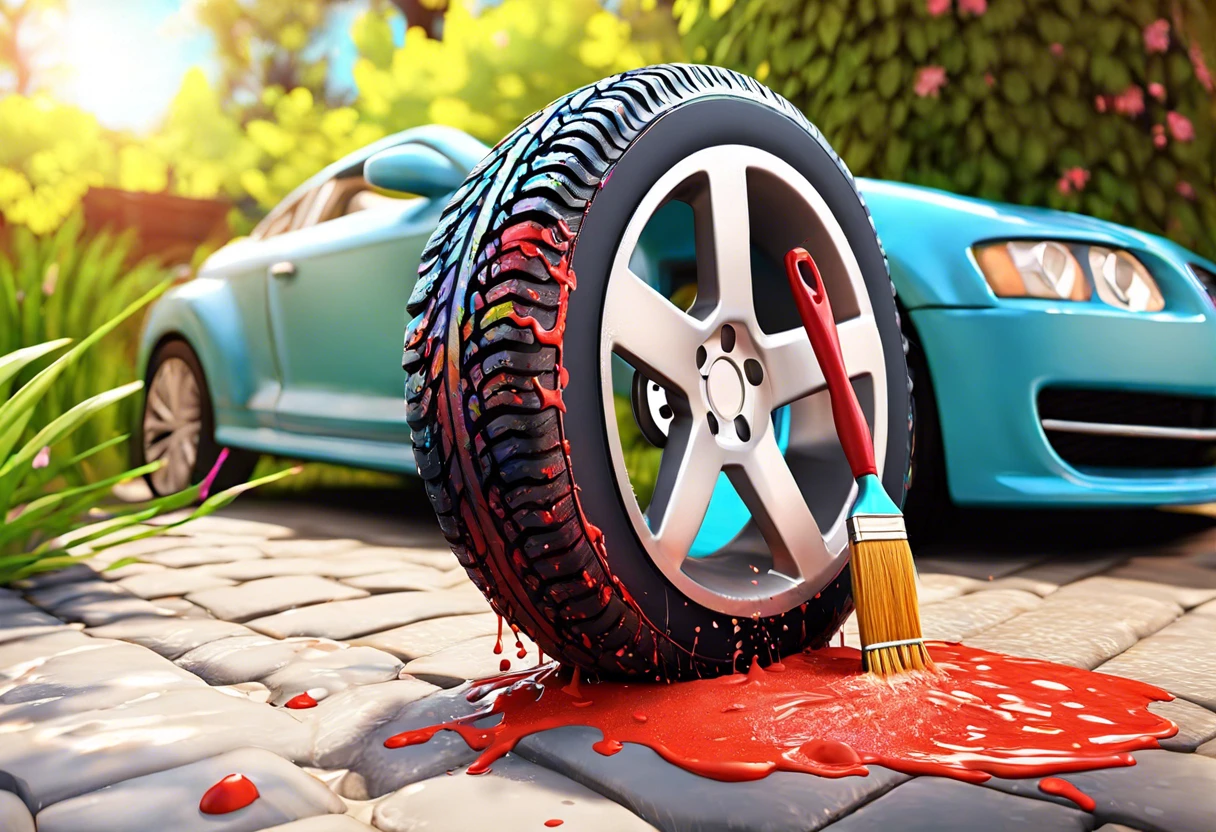 A tire with spilled paint and a brush, demonstrating how to get paint off a tire.