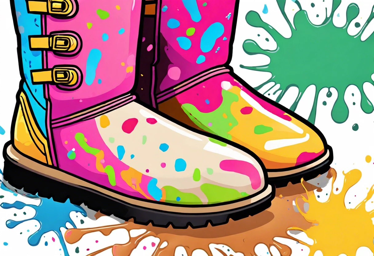 Colorful UGG boots splattered with paint, illustrating the challenge of removing paint from UGGs.