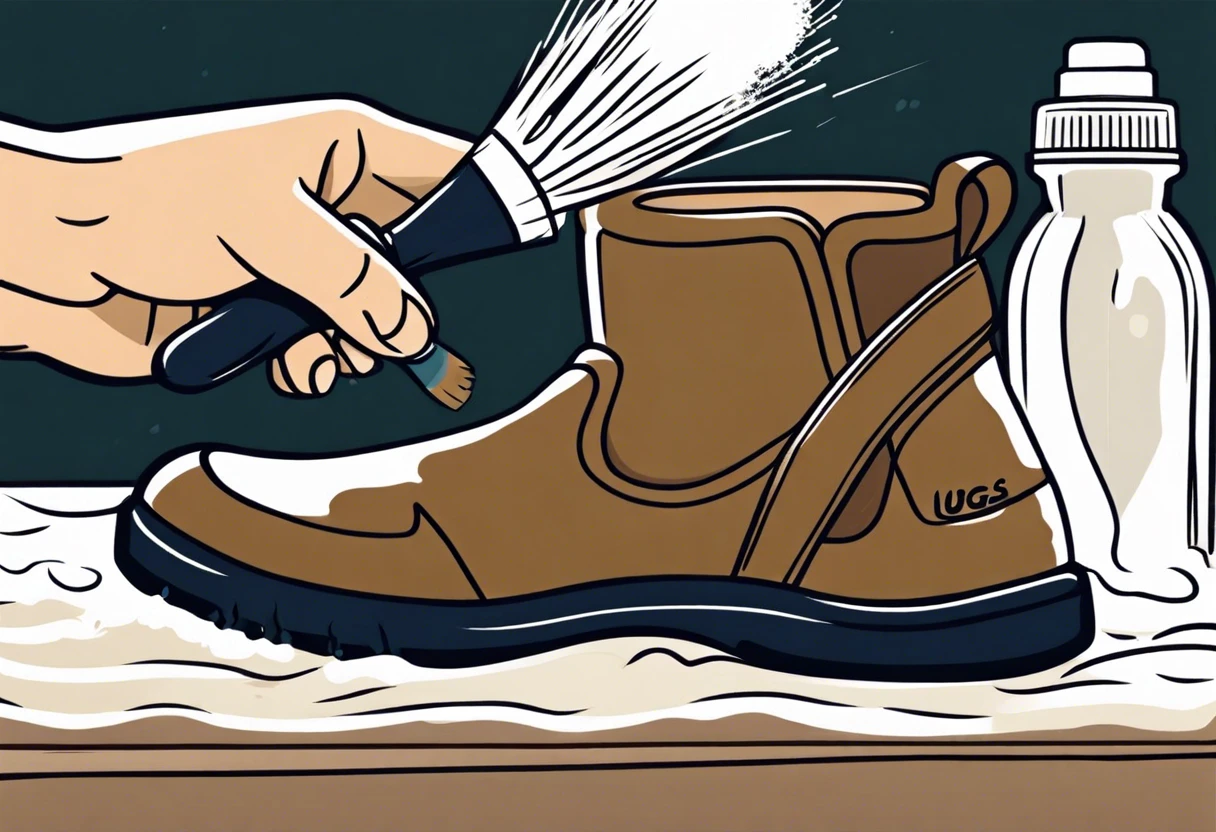 Hand cleaning UGG boot with paintbrush and cleaning solution for paint removal
