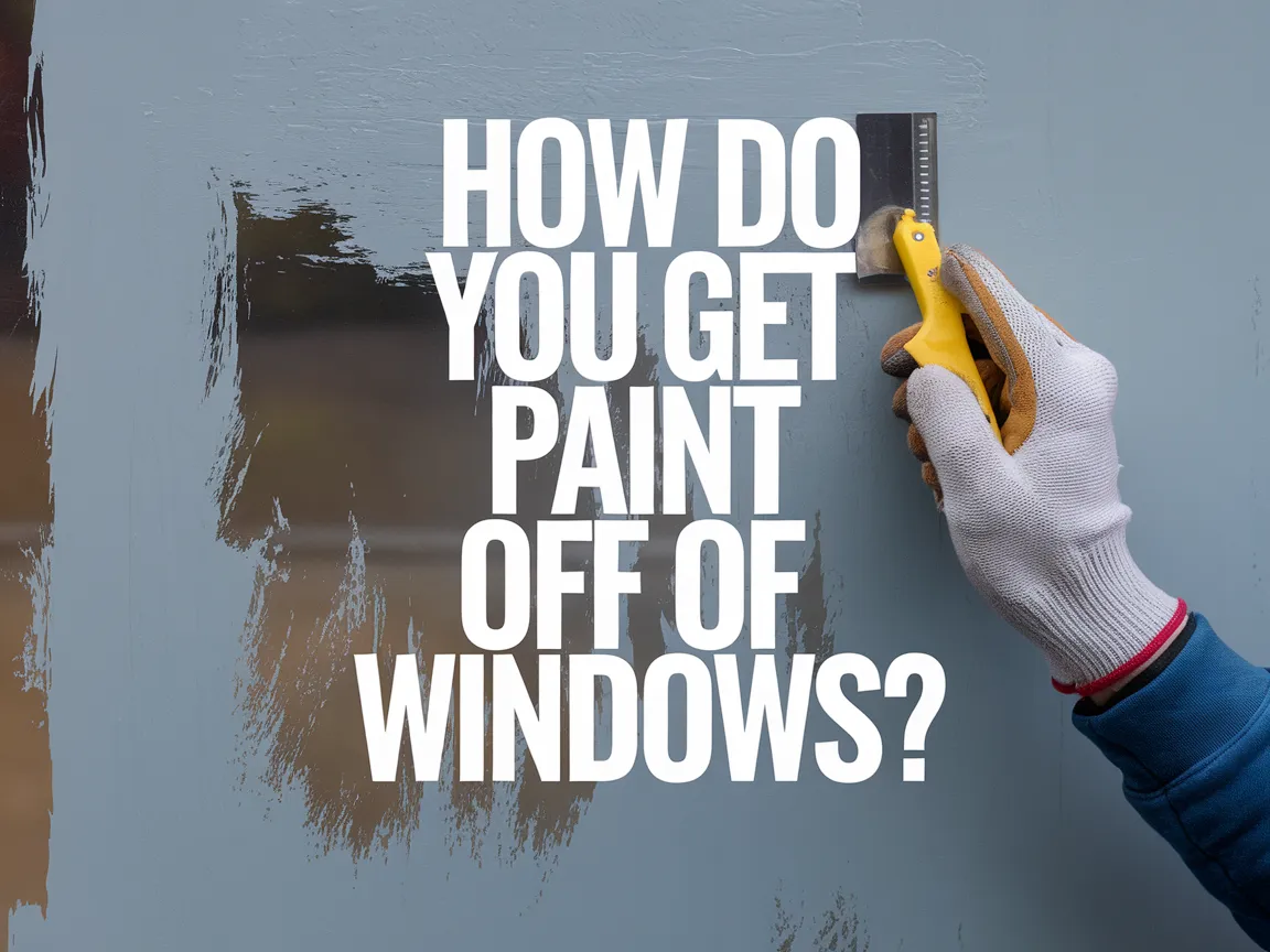 Hand using a scraper tool to remove paint from window glass for effective cleaning.