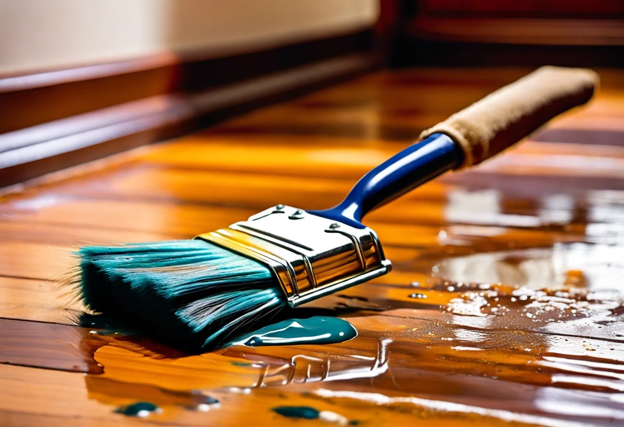 A paintbrush with blue paint resting on a hardwood floor, illustrating the process of removing paint from hardwood floors.