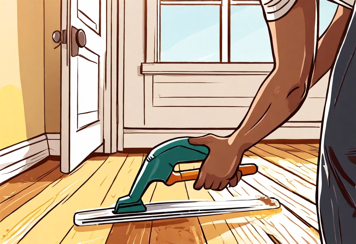 Person using a paint remover tool on hardwood floor to remove paint.