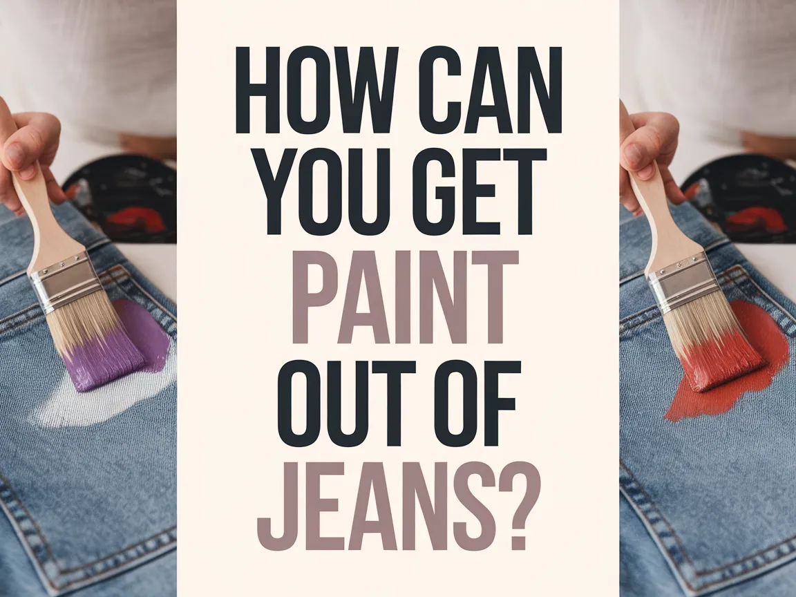 A close-up of jeans with paint stains and a paintbrush, illustrating how to get paint out of jeans