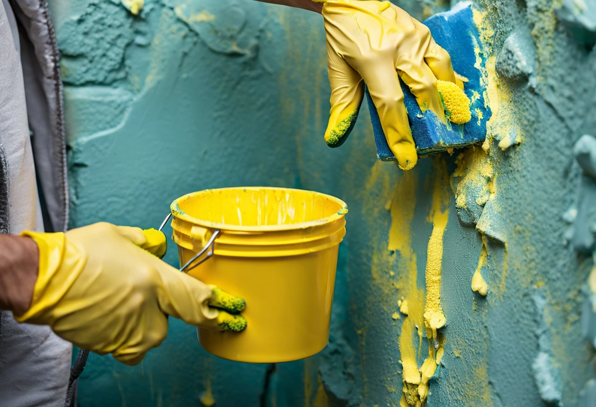 Person removing paint from a wall using a sponge and wearing yellow gloves, demonstrating how to remove paint.